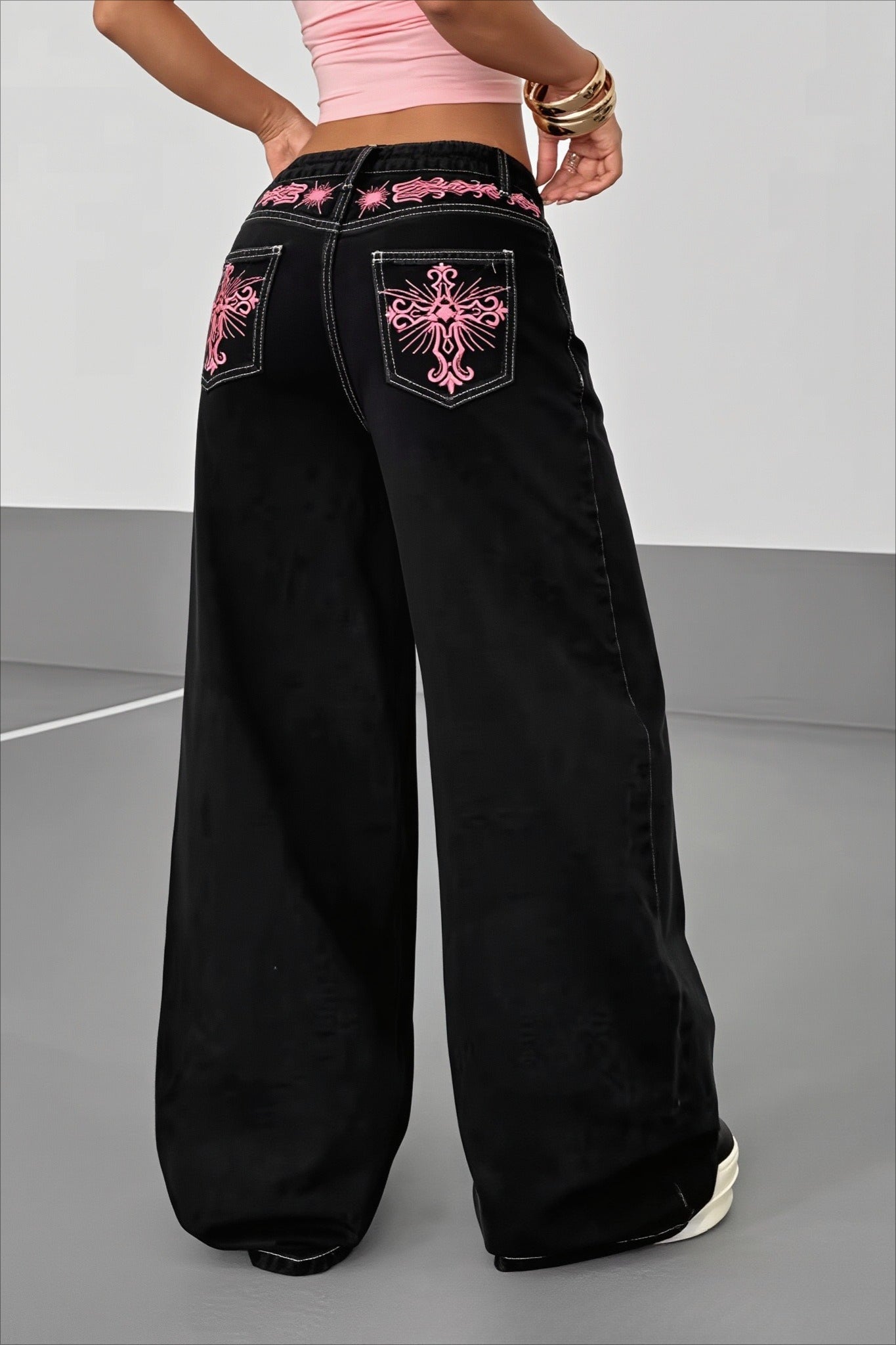 Cross Embroidered Black Wide Leg Jeans Secondary image
