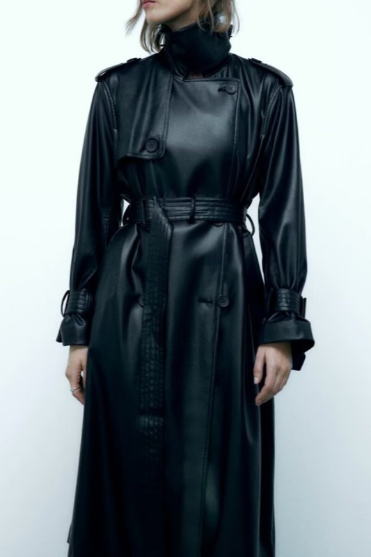 Belted Black Long Faux Leather Casual Versatile Overcoat Secondary image