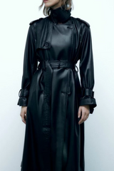Belted Black Long Faux Leather Casual Versatile Overcoat