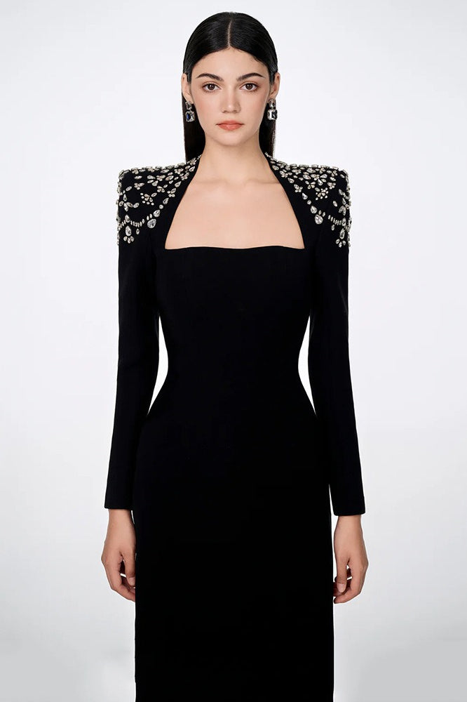 Elegant Square Neck Rhinestone Long Sleeve Bandage Cocktail Dress Main image