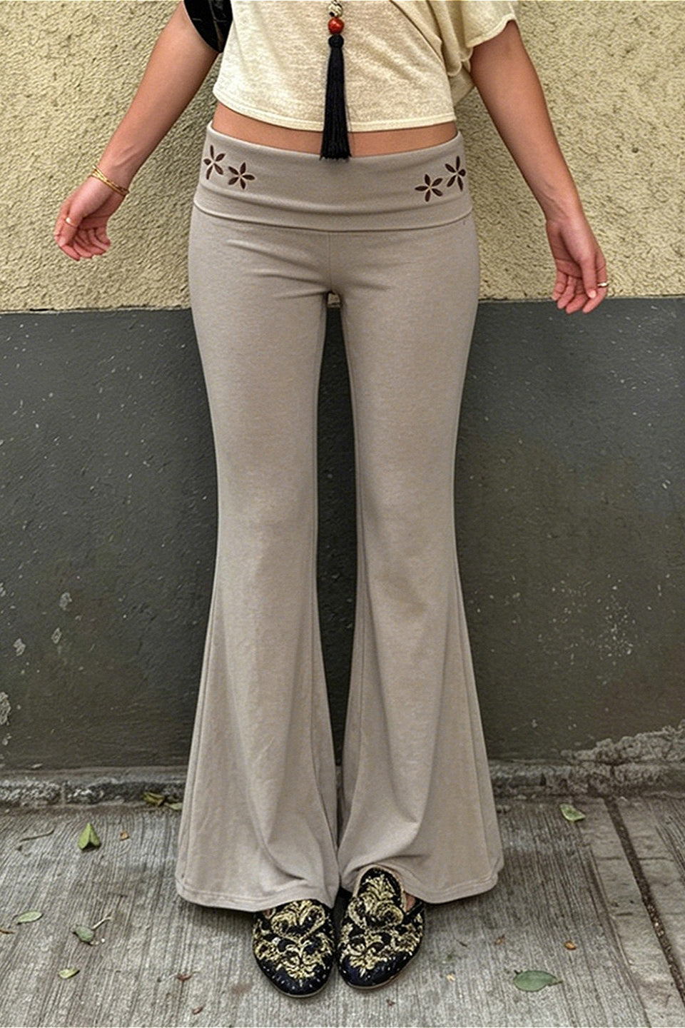 Floral Embroidered Low Waist Flare Pants