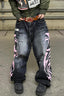 Washed Printed Loose Fit Wide Leg Jeans