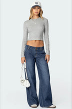 Blue Pinstripe Washed Wide Leg Jeans