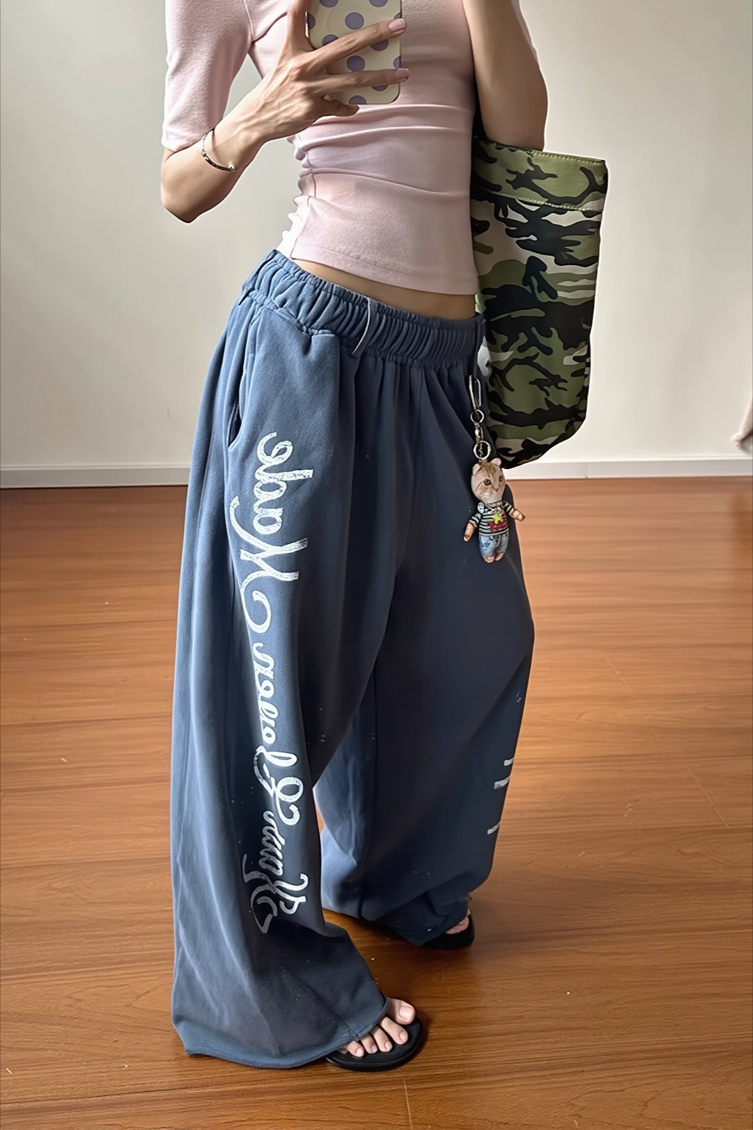 Distressed Graphic Curved Wide Leg Pants Secondary image