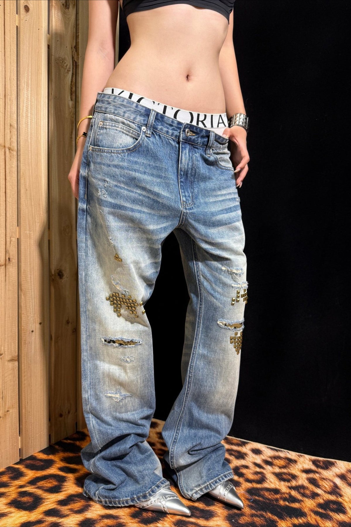 Leopard Patch Distressed Low Rise Jeans