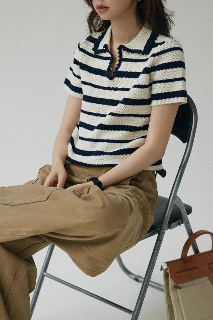 Color Block Stripe Polo Knit Top Main image