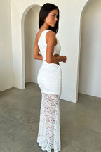 Cutout Waist Spliced One Shoulder Bandeau Lace Dress