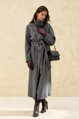 Grey High Collar Long Woolen Coat