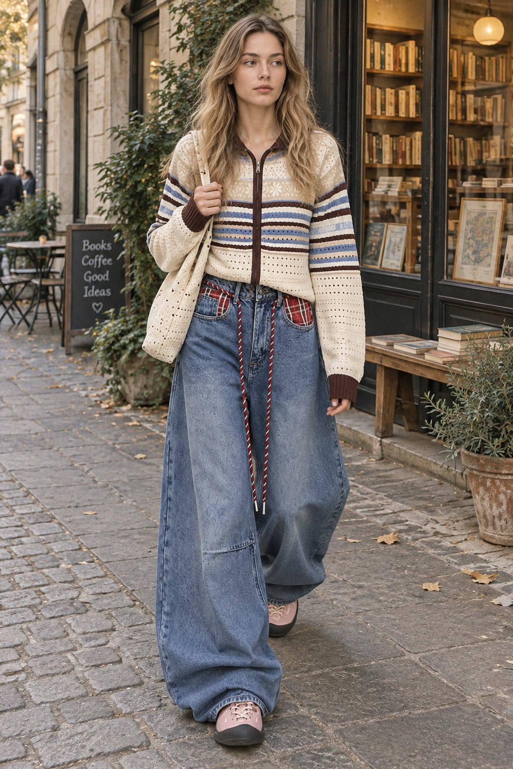 Plaid Panel Drawstring Barrel Jeans Secondary image
