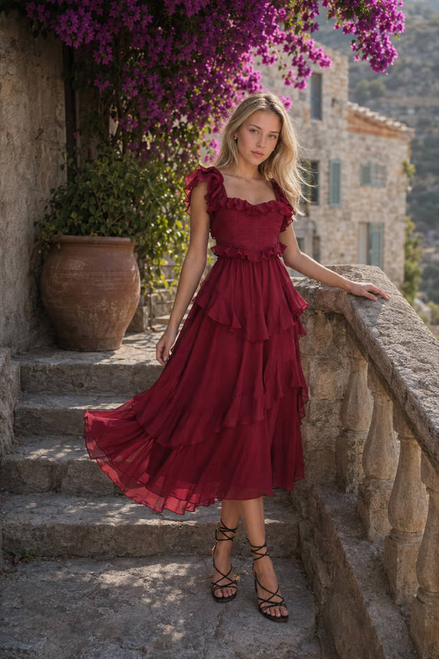 Lace Backless Tiered Ruffle Long Prom Dress