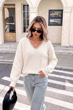 Lace Trim Ribbed V Neck Knit Top