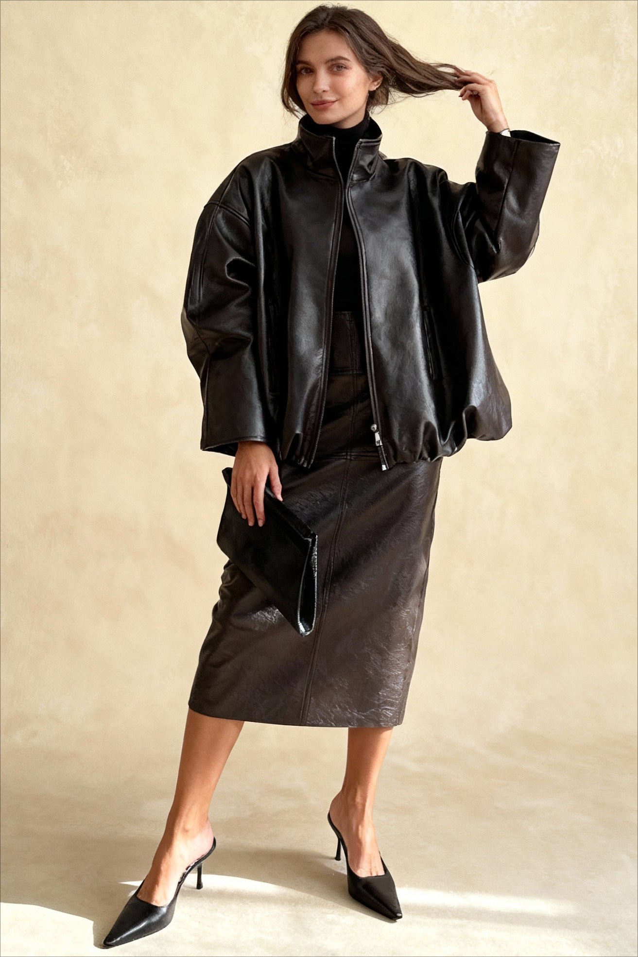 Chic Solid Patent Leather Stand Collar Jacket Skirt Two Piece Set Secondary image