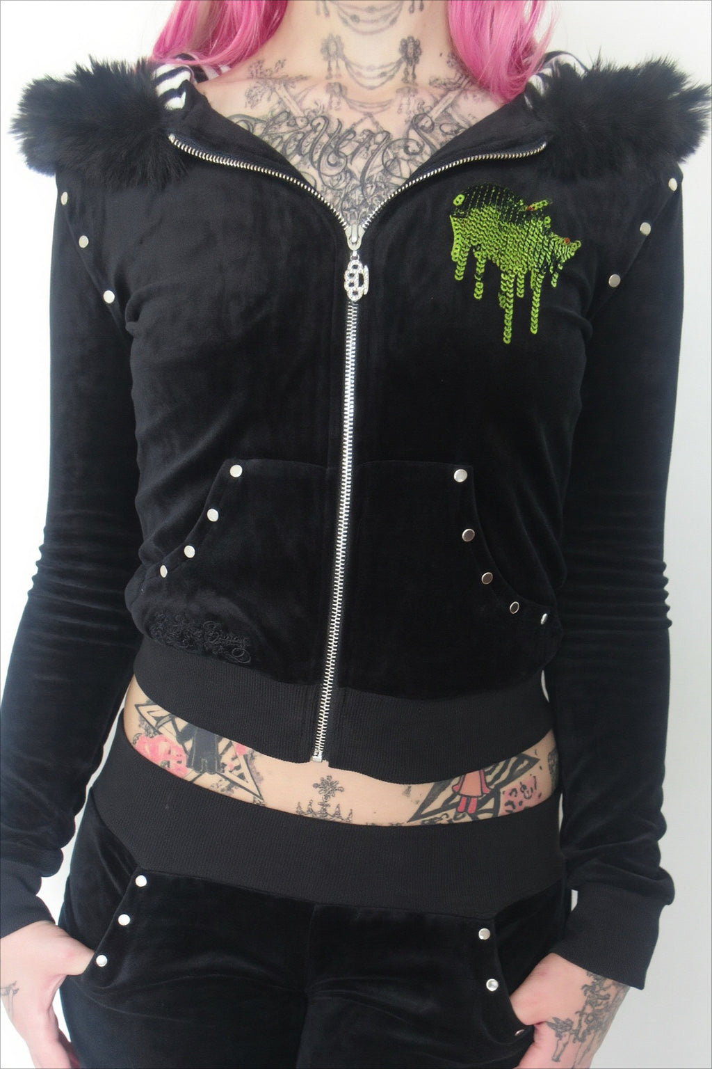 Velvet Rhinestone Fur Trim Zip Hoodie