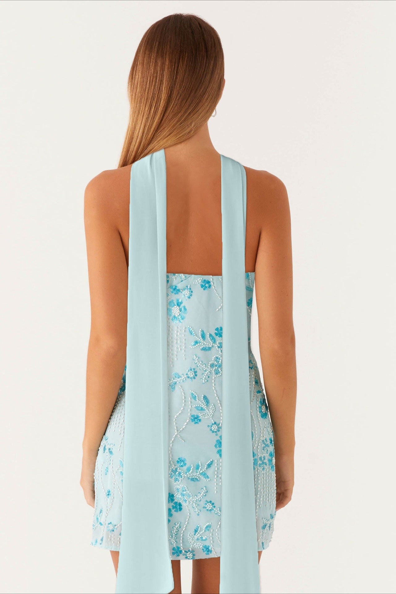 Sequin Embroidered Strapless Scarf Panel Mini Dress