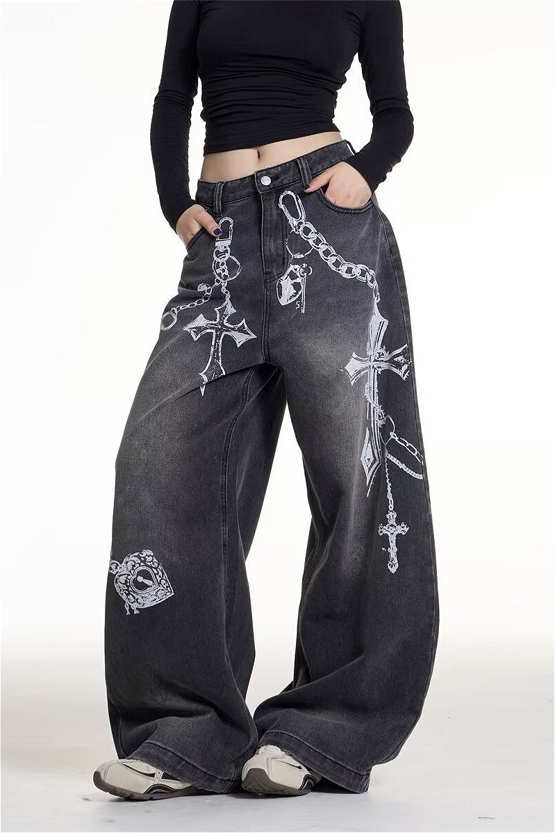 Gothic Chain Graphic Oversized Y2K Jeans