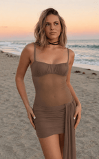 Square Neck Mesh Panel Ruched Wrap Slip Dress