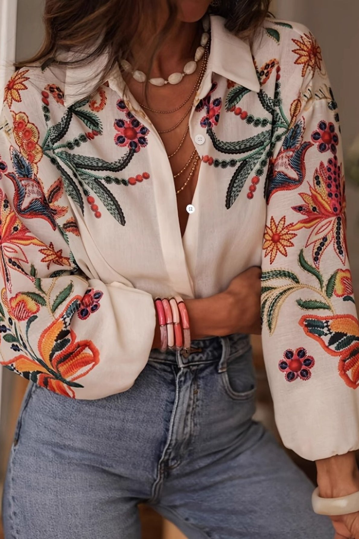 Loose Fit Digital Print Chic Long Sleeve Blouse Main image