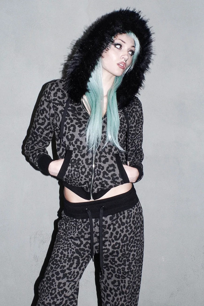 Zebra Print Fur Trim Cropped Hoodie Secondary image