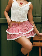 Elegant Plaid Layered Mini Skirt Red / S