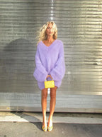 Elegant Purple Deep V Neck Knitted Pullover Casual Long Sleeves Loose Sweater