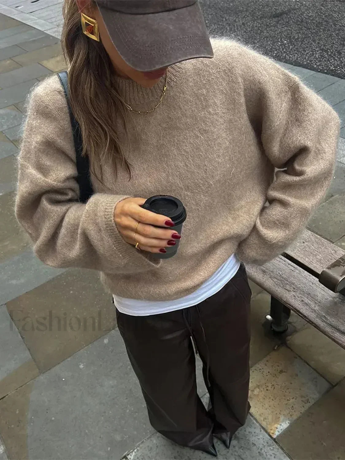 Elegant Solid Mohair Soft Knitted Pullover Women Casual O neck Long Sleeve Loose Sweater Khaki / S Sweaters L Main image