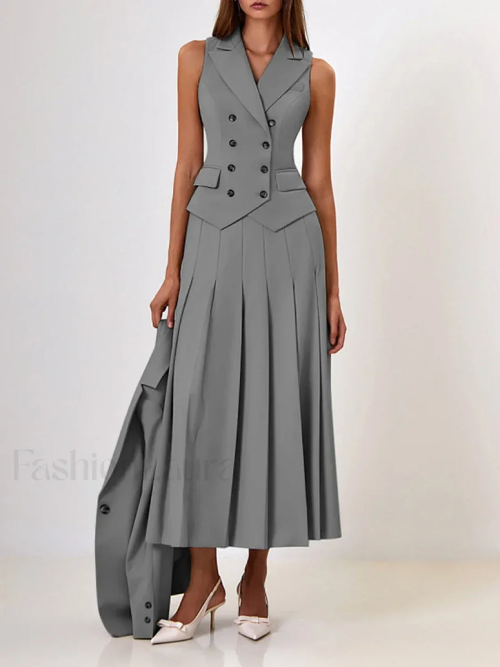 Elegant Spliced Tunic Skirt Two Piece Set GRAY / S