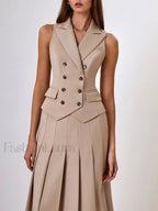 Elegant Spliced Tunic Skirt Two Piece Set KHAKI / S