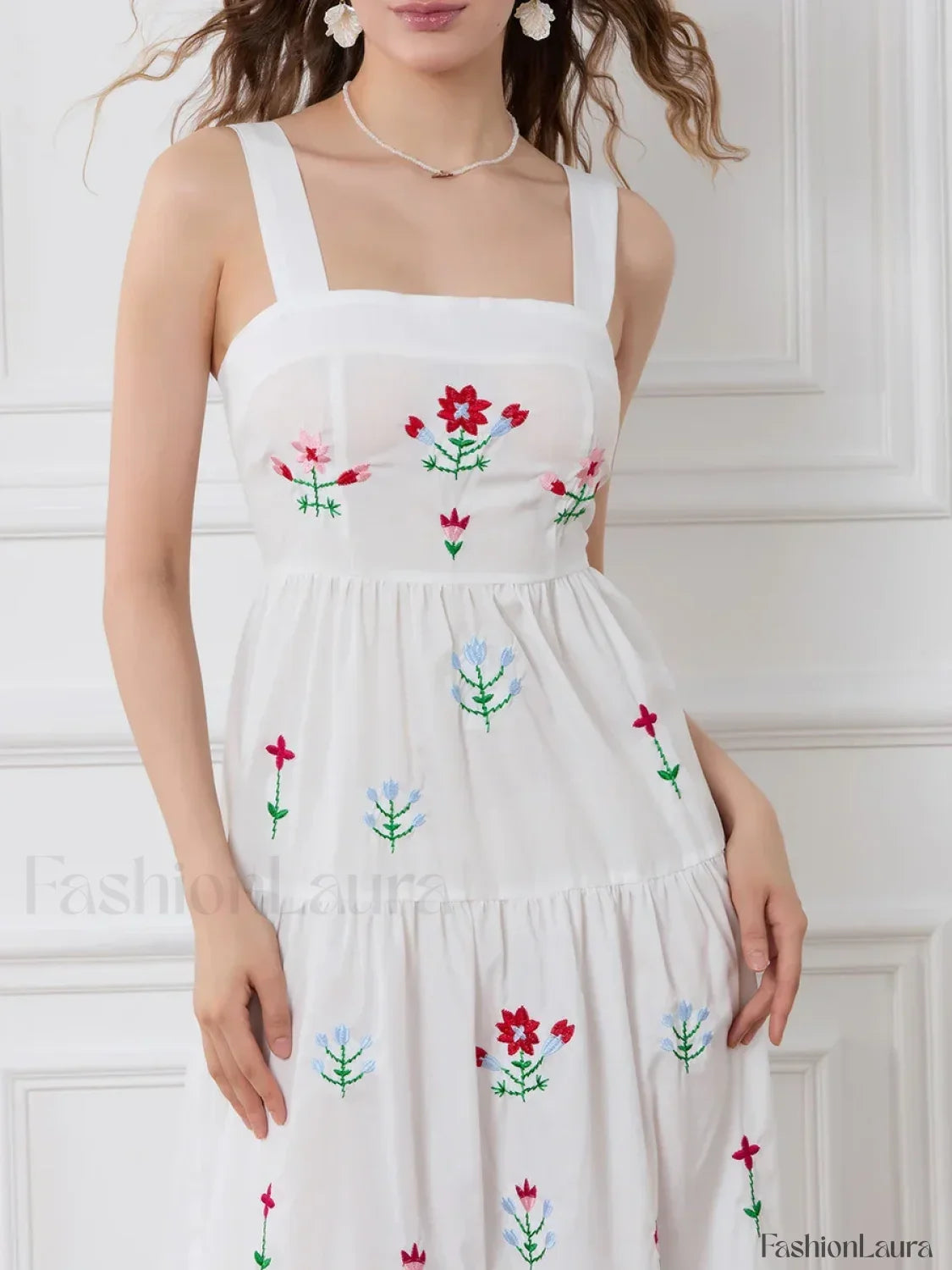 Embroidered Square Neck Boho Dress