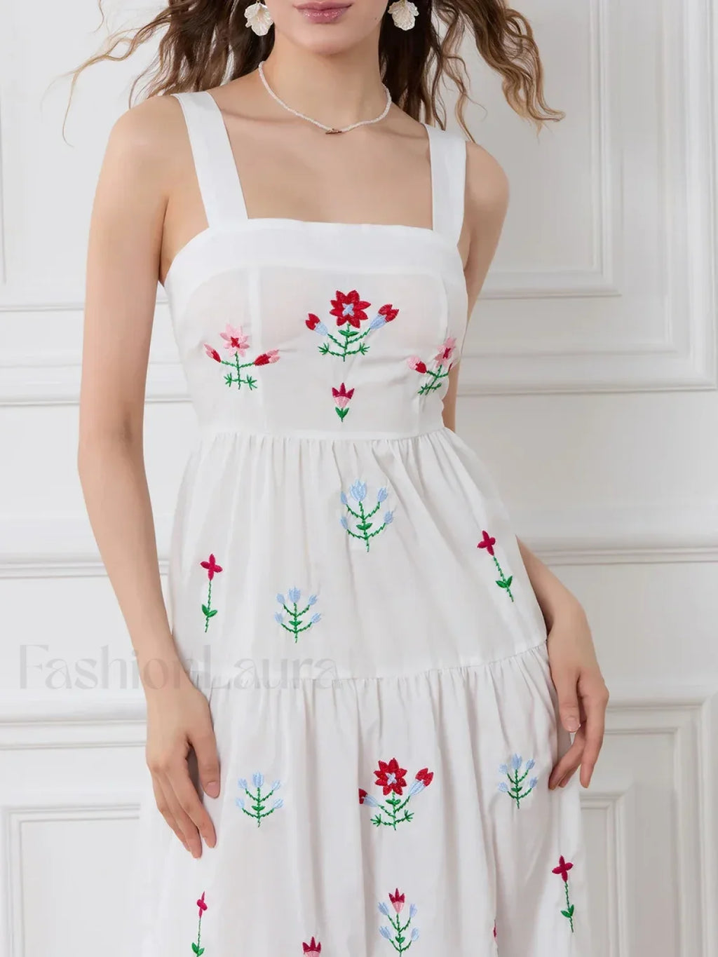 Embroidered Square Neck Boho Dress