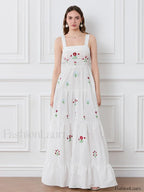 Embroidered Square Neck Boho Dress WHITE / S