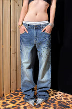 Lightning Stud Washed Wide Leg Jeans