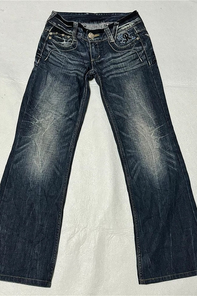 Butterfly Embroidered Washed Denim Bootcut Jeans