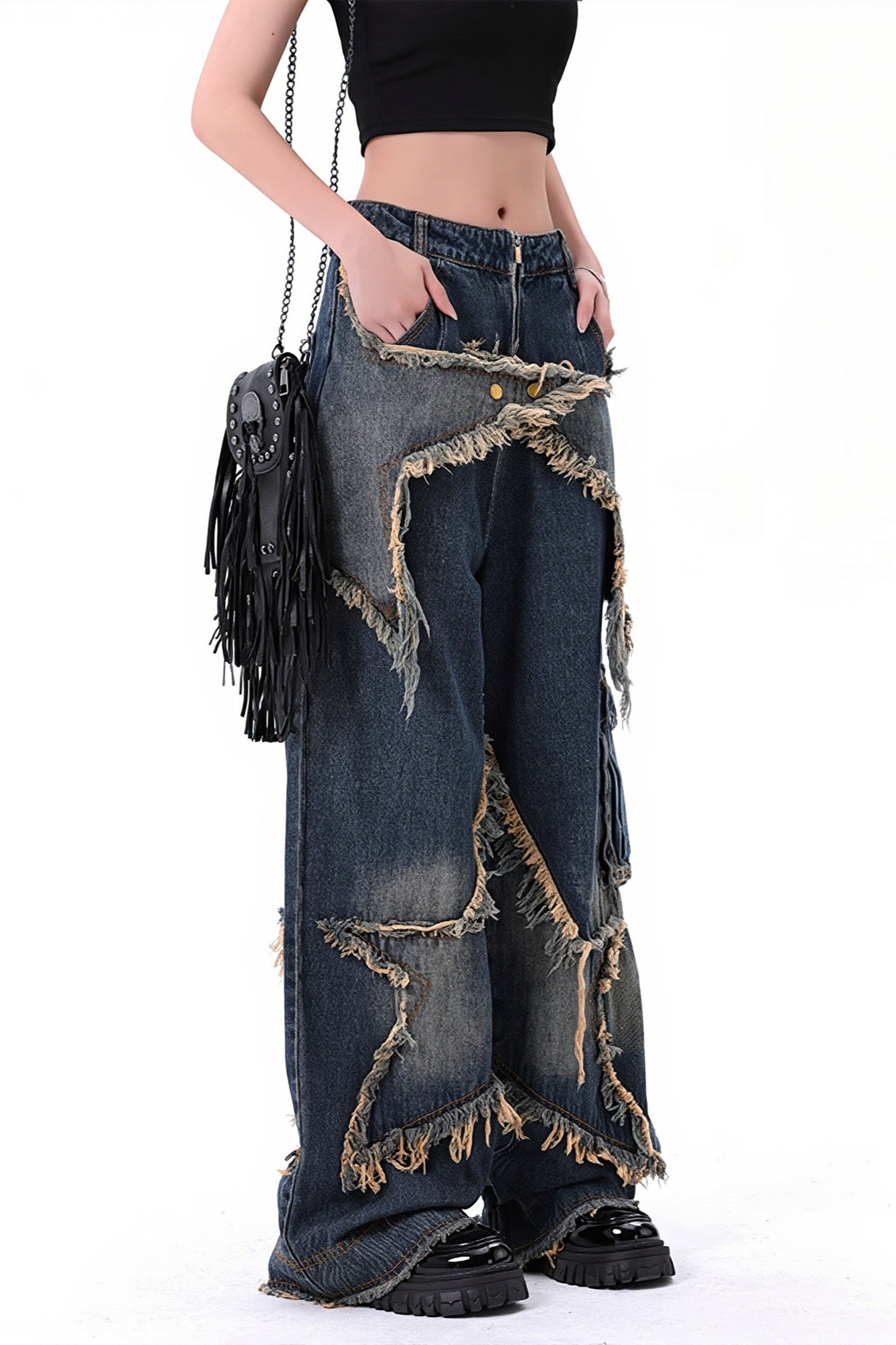 Studded Star Raw Hem Wide Leg Jeans