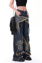 Studded Star Raw Hem Wide Leg Jeans