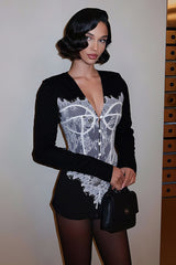 V-Neck Lace Panel Button Front Blazer