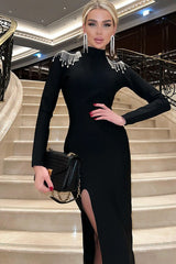 Elegant Mock Neck Long Sleeve Solid High Waist Rhinestone Split Formal Dress