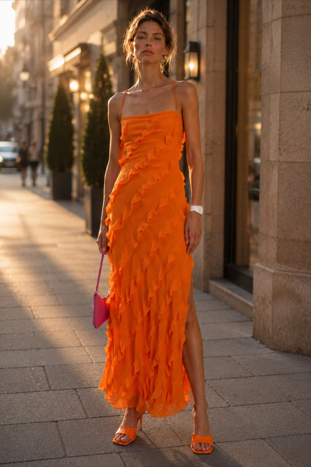 Off Shoulder Ruffle Split Hem Slip Dress Main image
