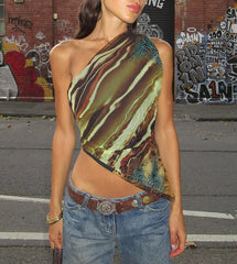 Irregular Print Mesh Sheer Top