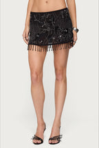 Sequin Floral Print High Waist Mini Skirt