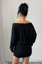 Ribbed Off Shoulder Long Sleeve Ruched Mini Dress