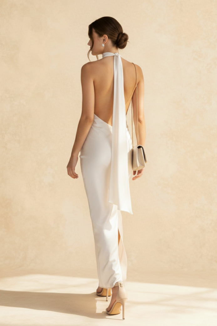 Vintage Solid Satin Backless Maxi Dress Secondary image