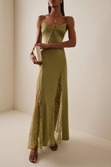 Lace-Panel V-Neck Slim-Fit Maxi Chic Silk Dress
