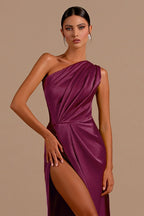 One Shoulder High Slit Satin Formal Dress