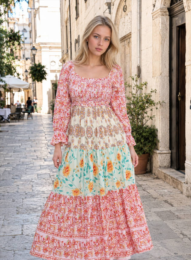 Patchwork Puff Sleeve Boho Dress