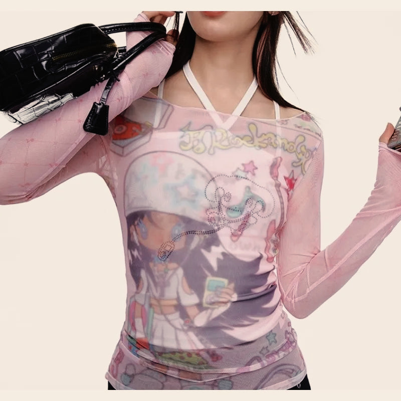 Y2K Patchwork Mesh Long Sleeve Sheer Top Main image