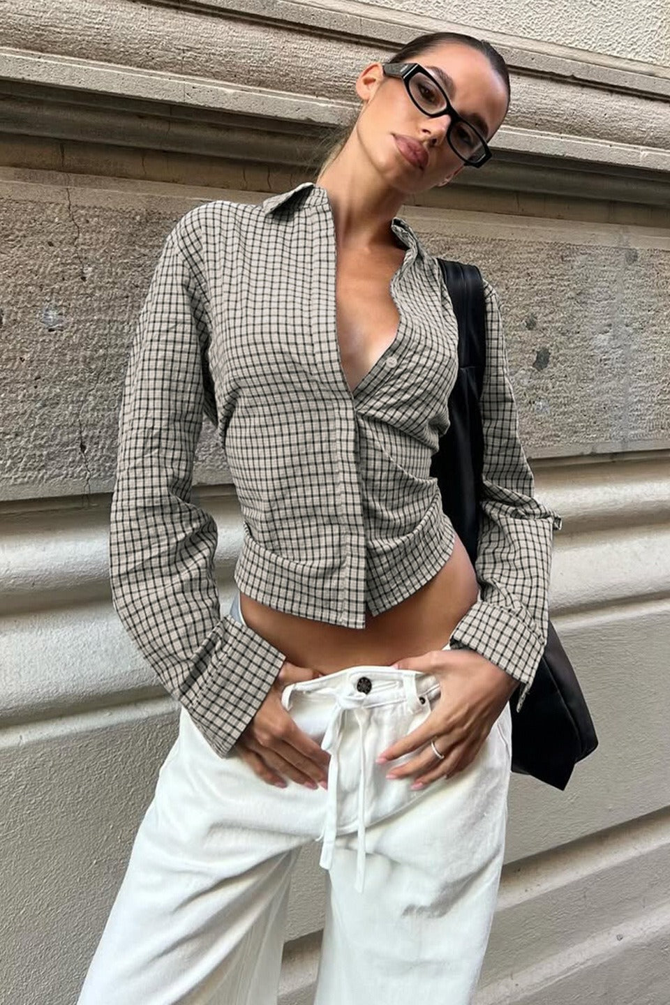 Belted Checkered Long Sleeve Blouse Secondary image
