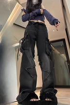 Y2K Vintage Gothic Star Pocket Straight Wide Leg Jeans