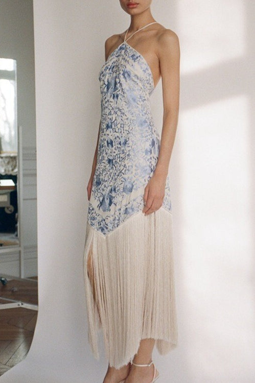 Elegant Fringed Halter Tie Backless Cami Long Formal Dress Secondary image