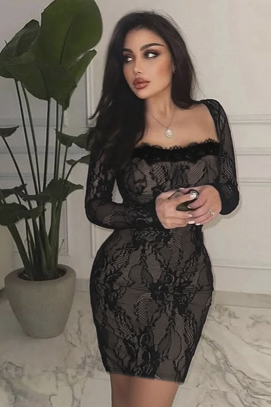 Square Neck Long Sleeve Bodycon Lace Dress Secondary image