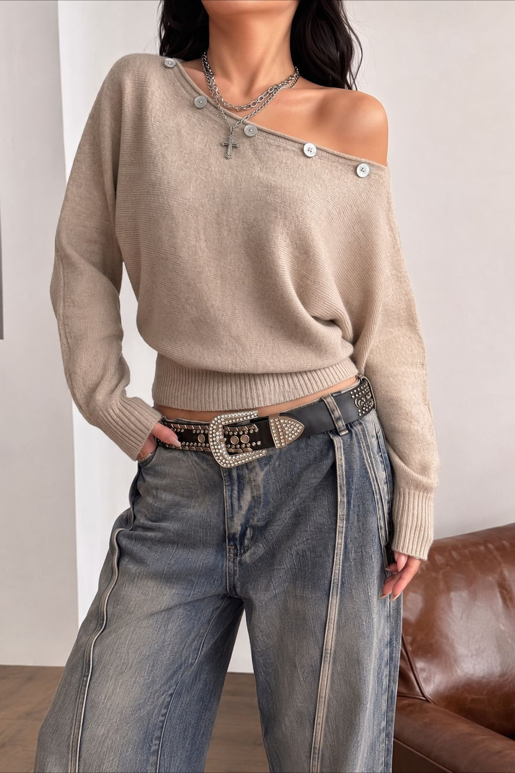 Off Shoulder Button Batwing Knit Top